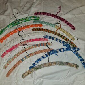 Lot Of 12 Vintage Handmade Crocheted / Knitted Wooden Hangers Multi-Colors